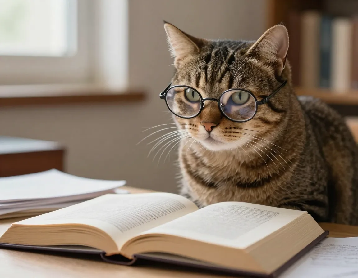 Distinguished tabby professor studying book with reading glasses