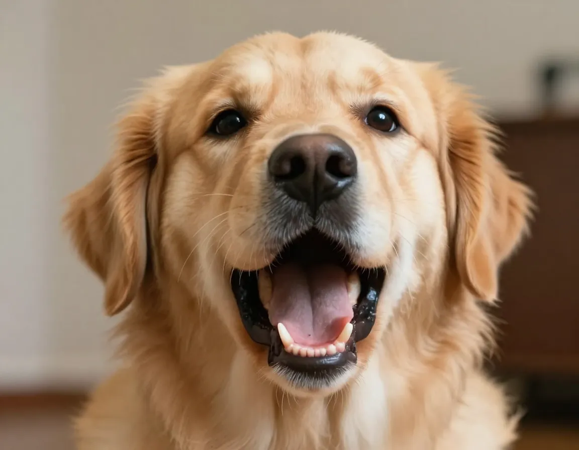 Golden retriever mid sneeze with shocked expression