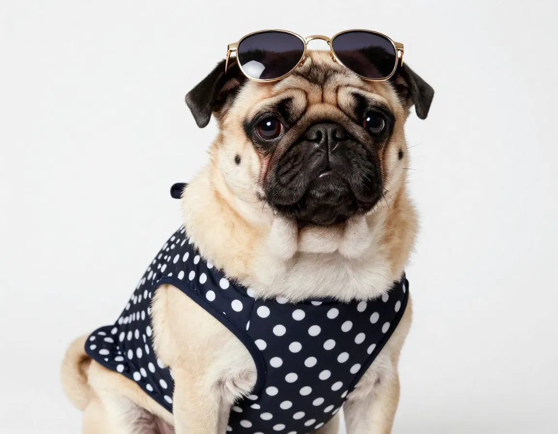 Sophisticated pug in polka dot one piece vintage pinup pose