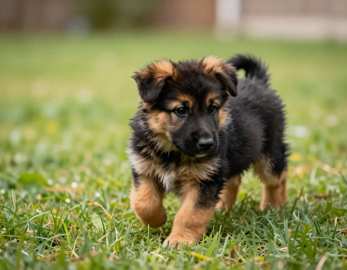 Tiny fluffy german shepherd puppy playing in grassy backyard