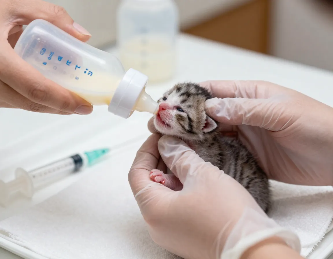 Bottle feeding a tiny newborn kitten with kitten milk replacer