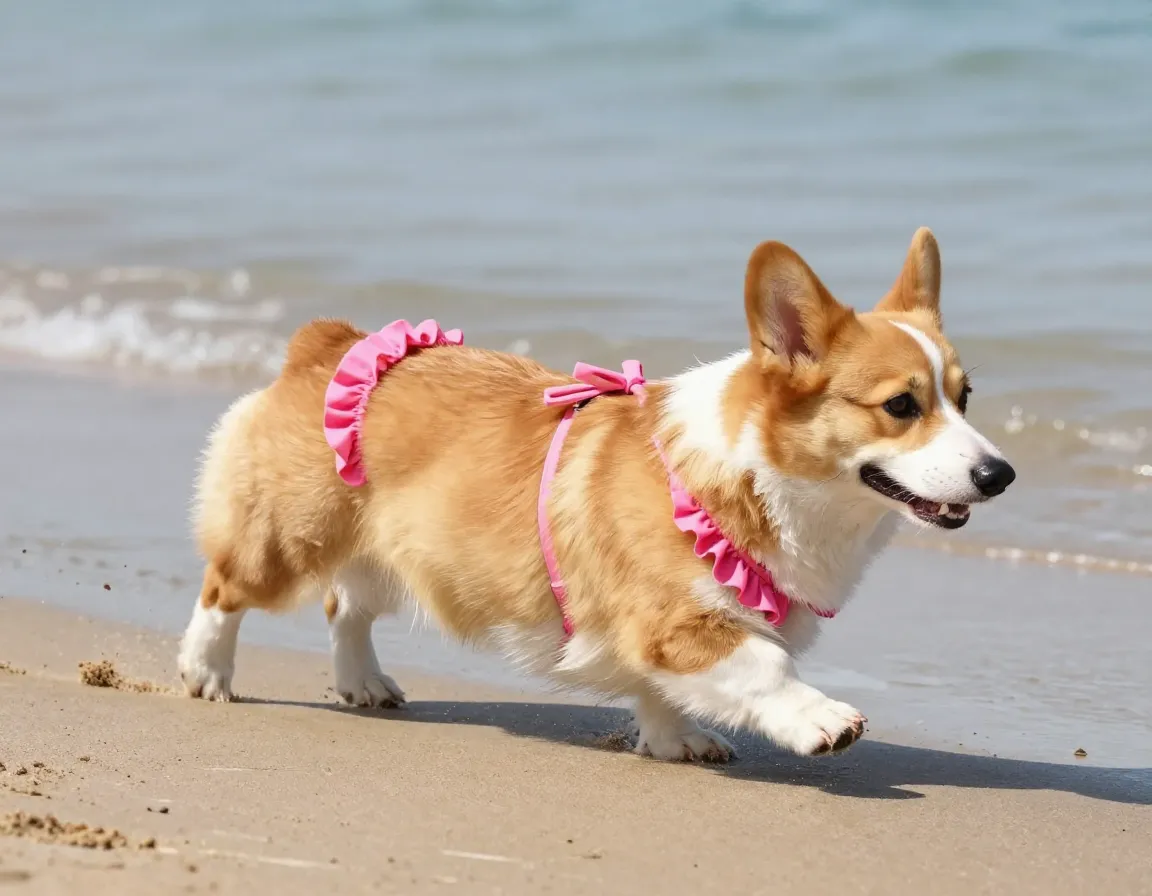 Corgi in pink ruffled bikini waddling towards beach water