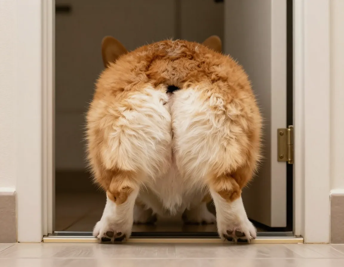 Corgi stuck upside down in dog door fluffy bottom