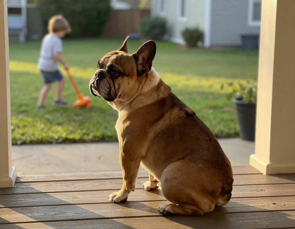 French bulldog guardian porch child playing backyard