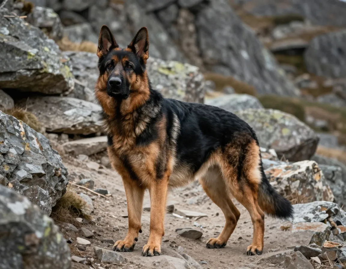 Majestic adult german shepherd standing confidently on rocky trail