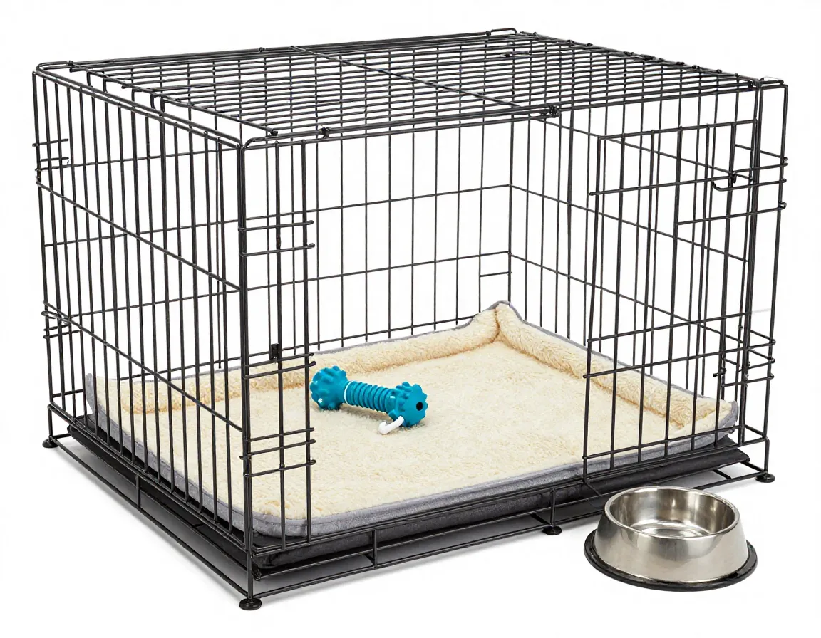 Properly sized crate with bedding chew toy and water bowl setup