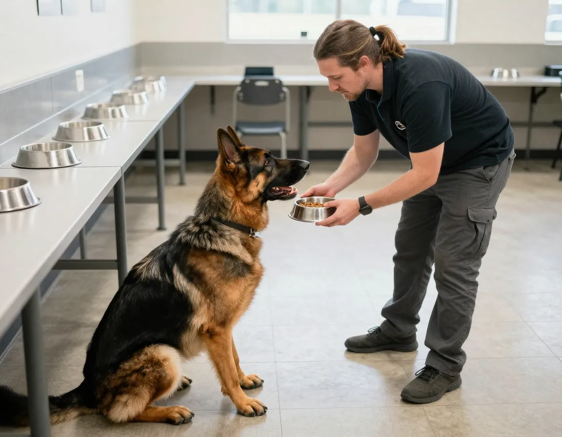 A trainer reinforcing a sit command during a boarding facility meal time