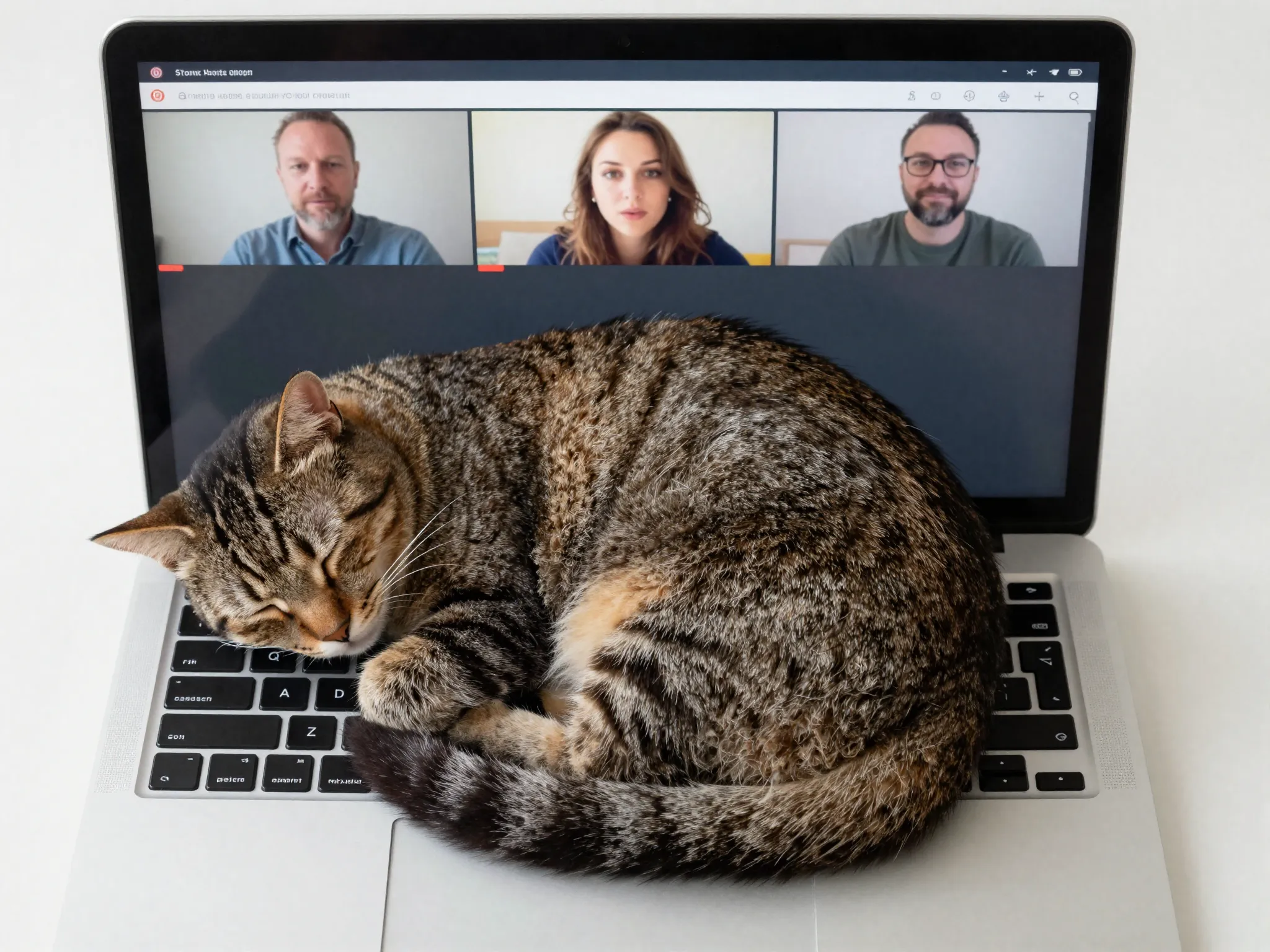Cat sleeping on laptop keyboard during a video call