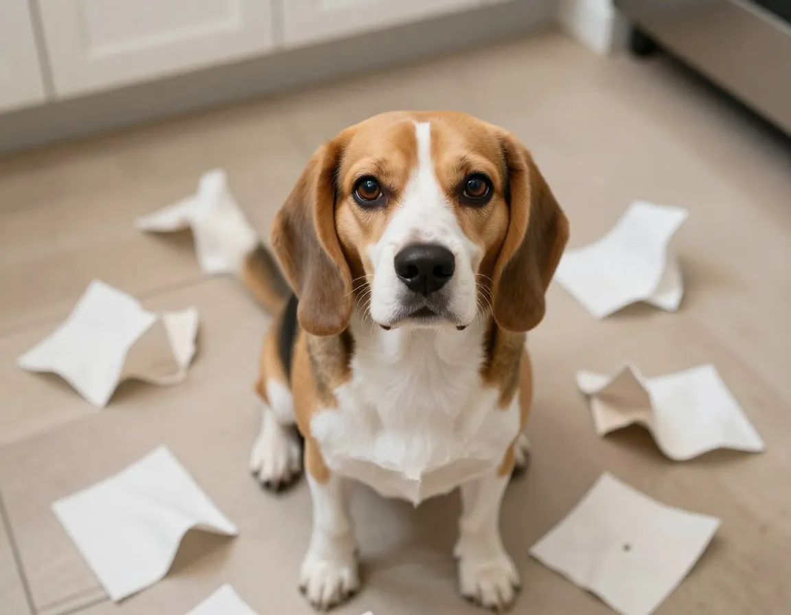 Guilty beagle surrounded by torn paper towels