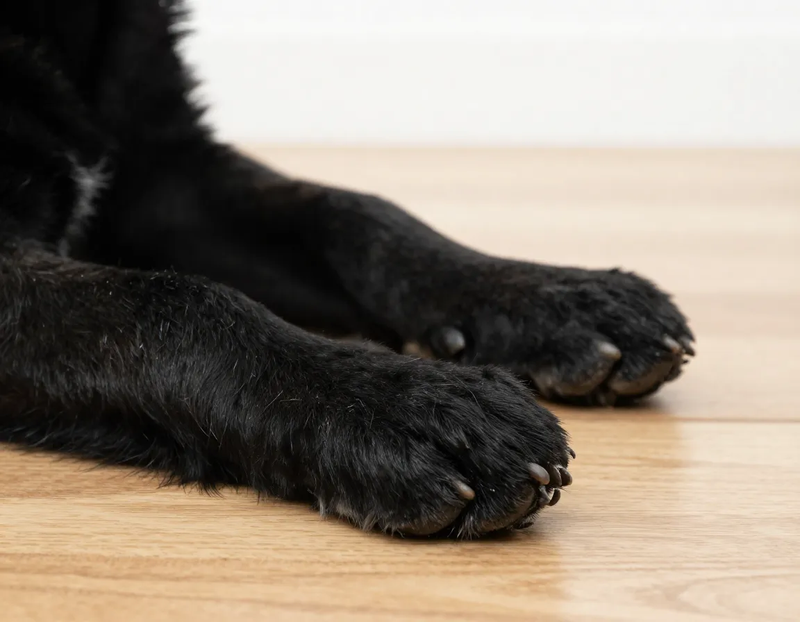 Overgrown german shepherd puppy paws lying on wooden floor