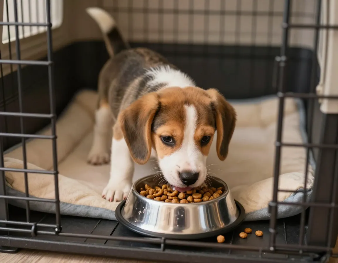 Puppy eating meal from bowl inside crate with door open