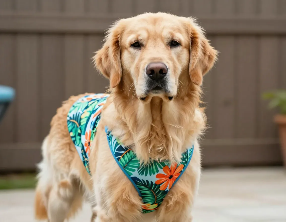 Reluctant golden retriever wearing tropical print tankini