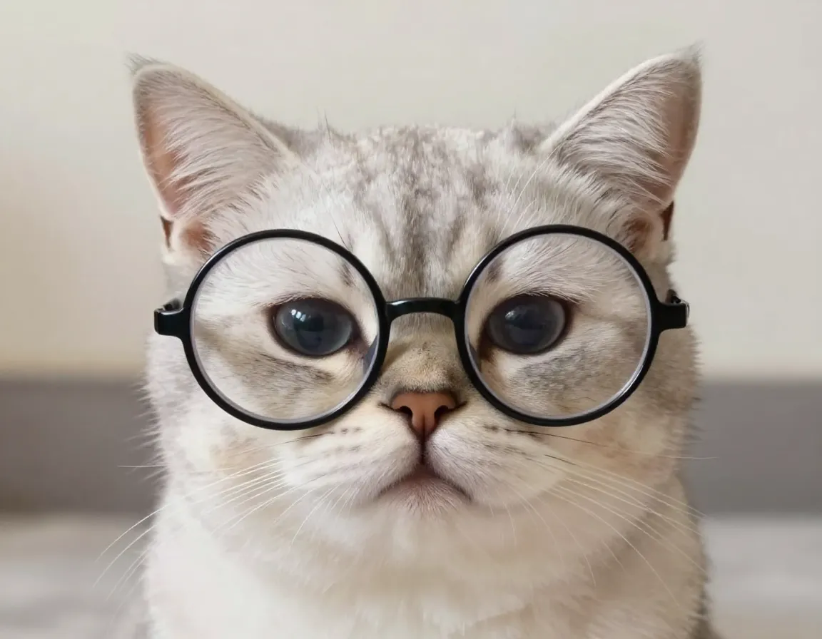 Tiny kitten wearing comically oversized round eyeglasses