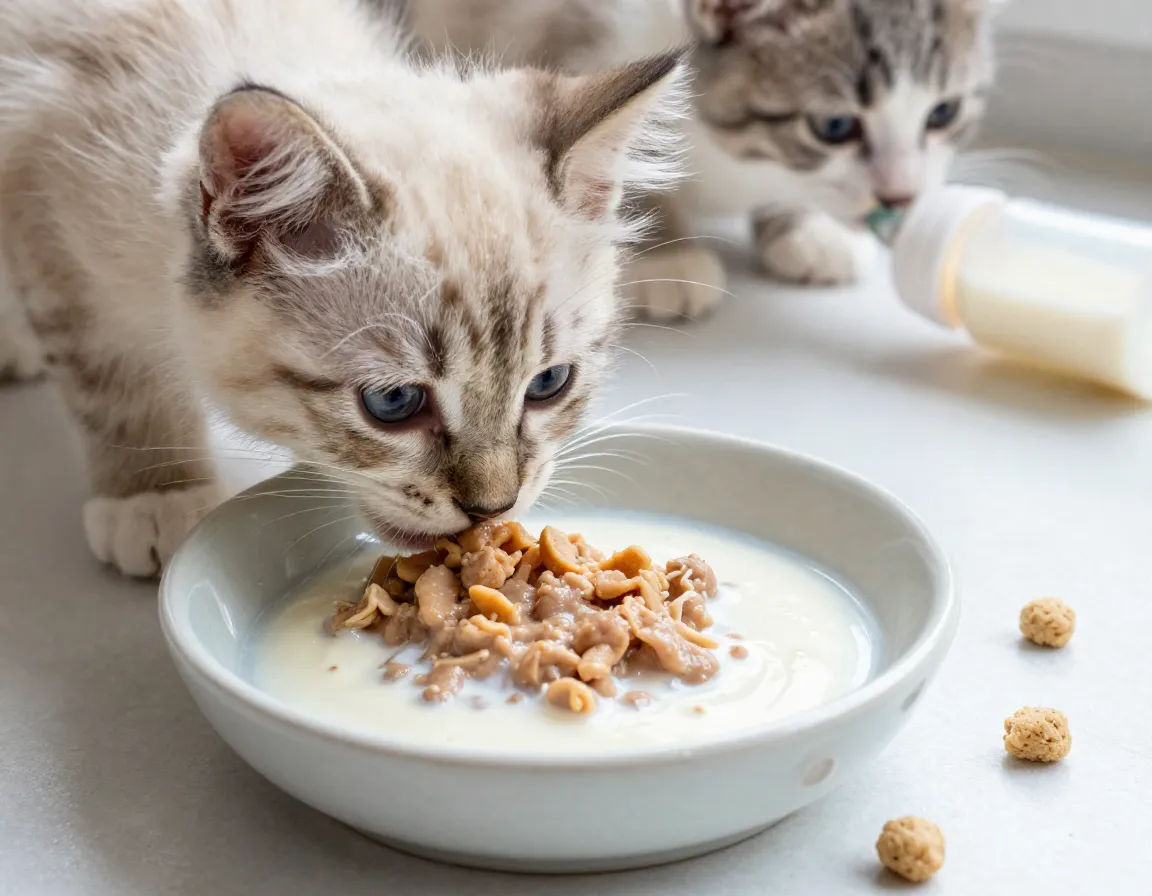 A three week old kitten exploring wet food mixed with milk replacer