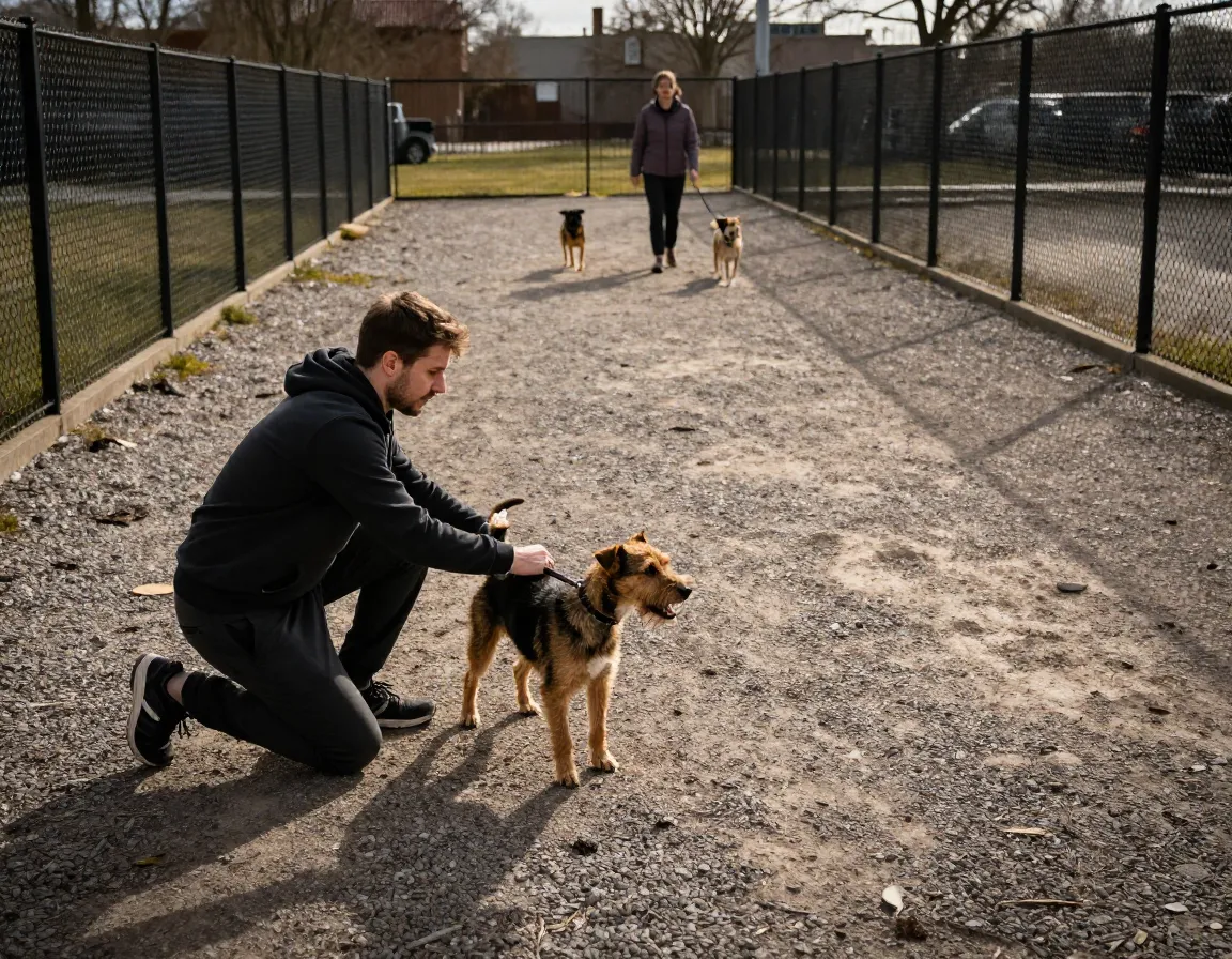 A trainer working with a dog on leash reactivity in a controlled setting