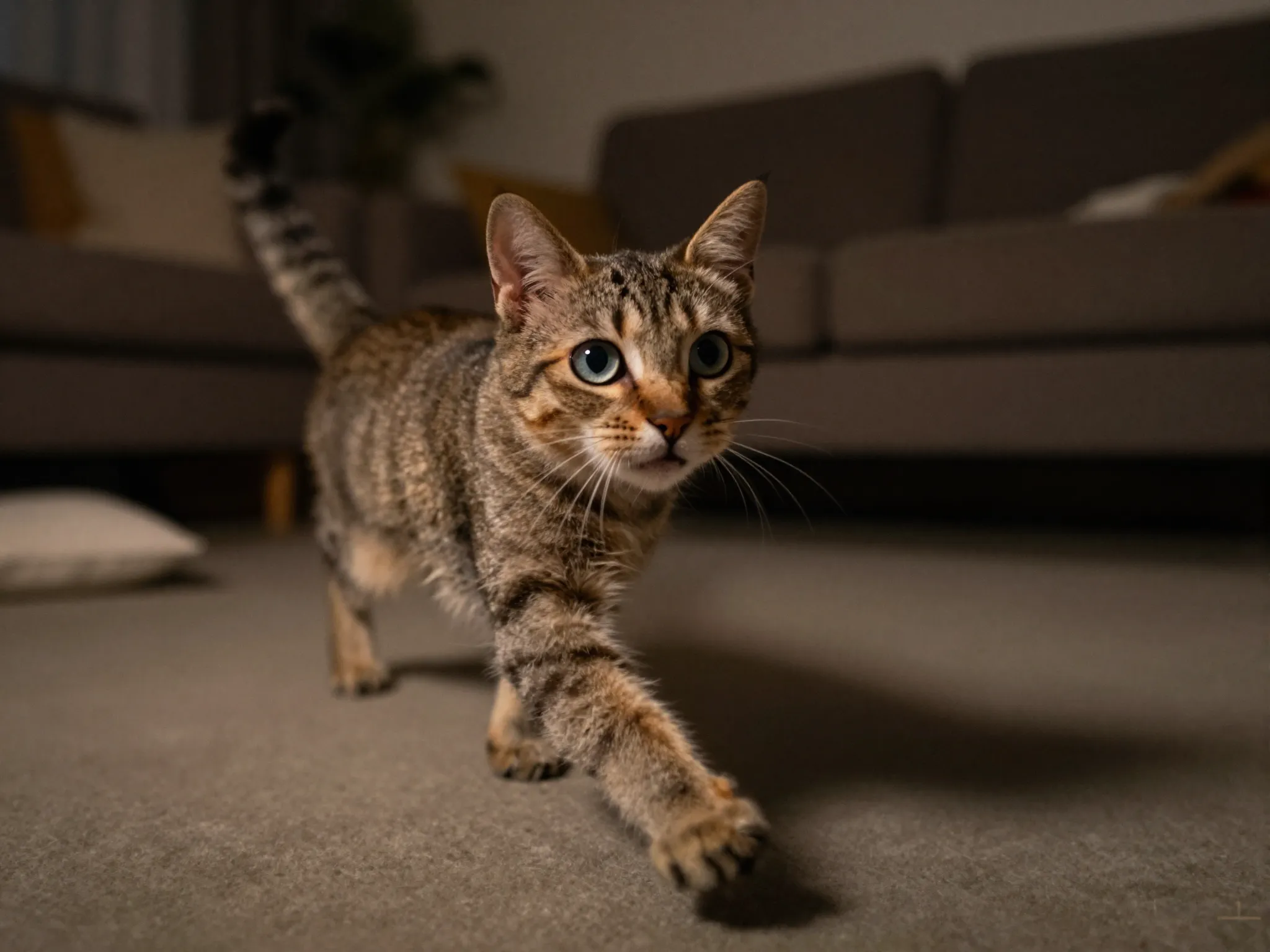 Cat caught mid nocturnal zoomies with wild dilated pupils
