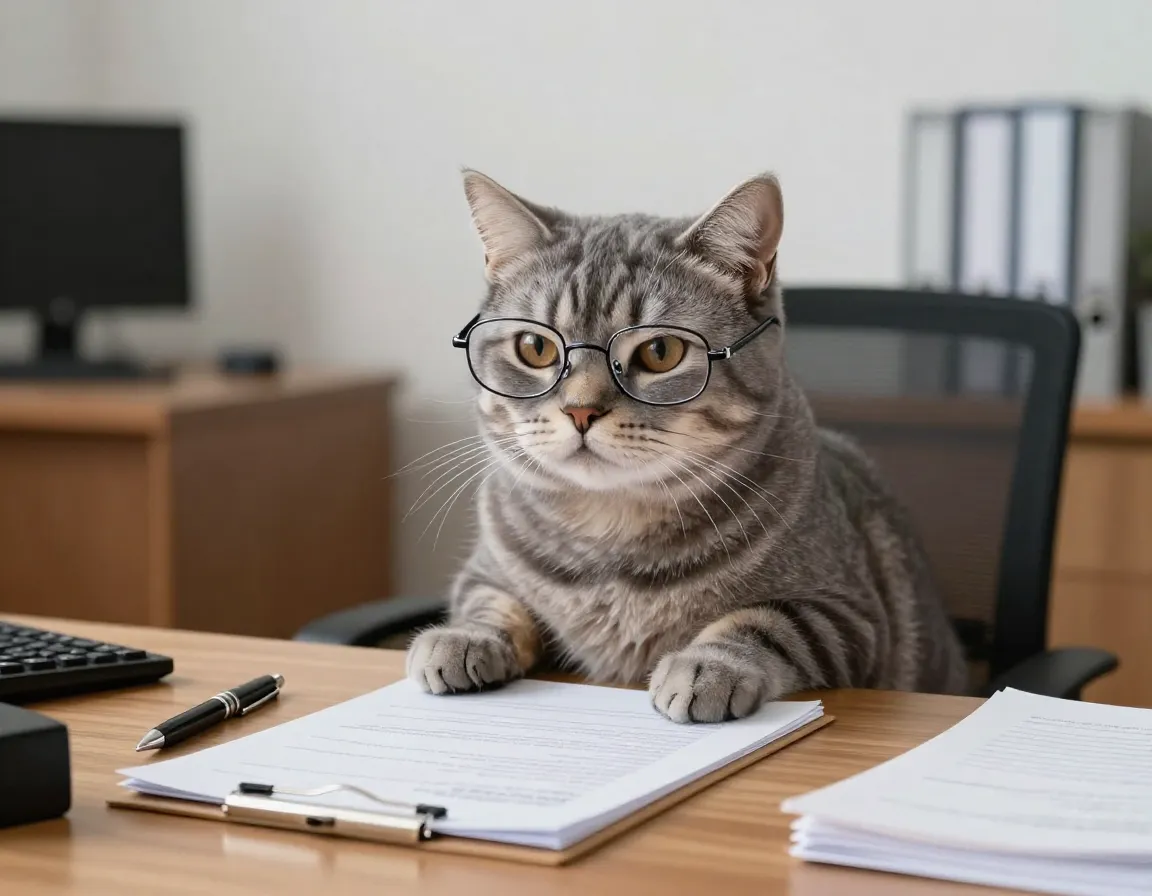 Gray tabby cat at desk wearing wire rimmed professional glasses