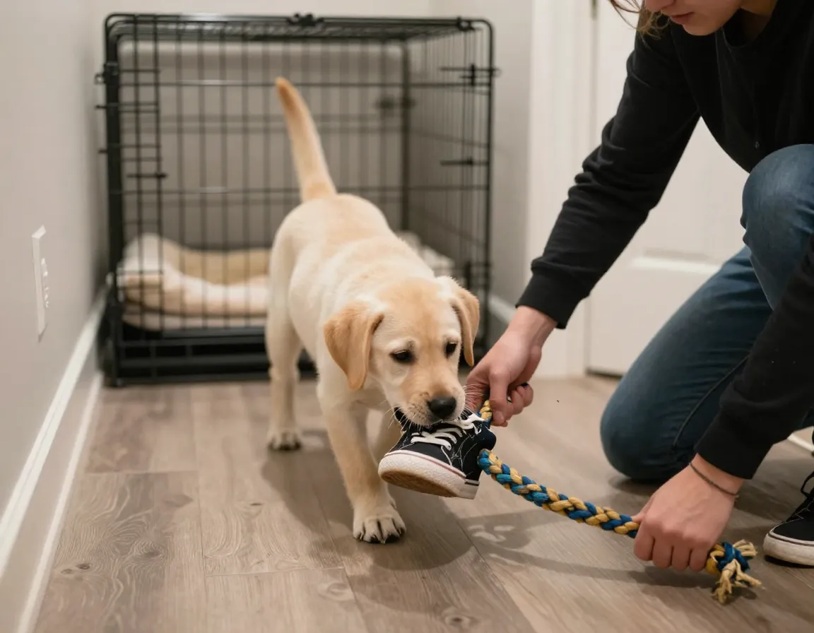 Owner redirecting puppy with toy away from chewed shoe