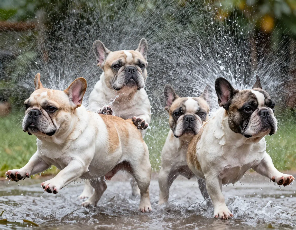 Two french bulldogs shaking off water synchronized