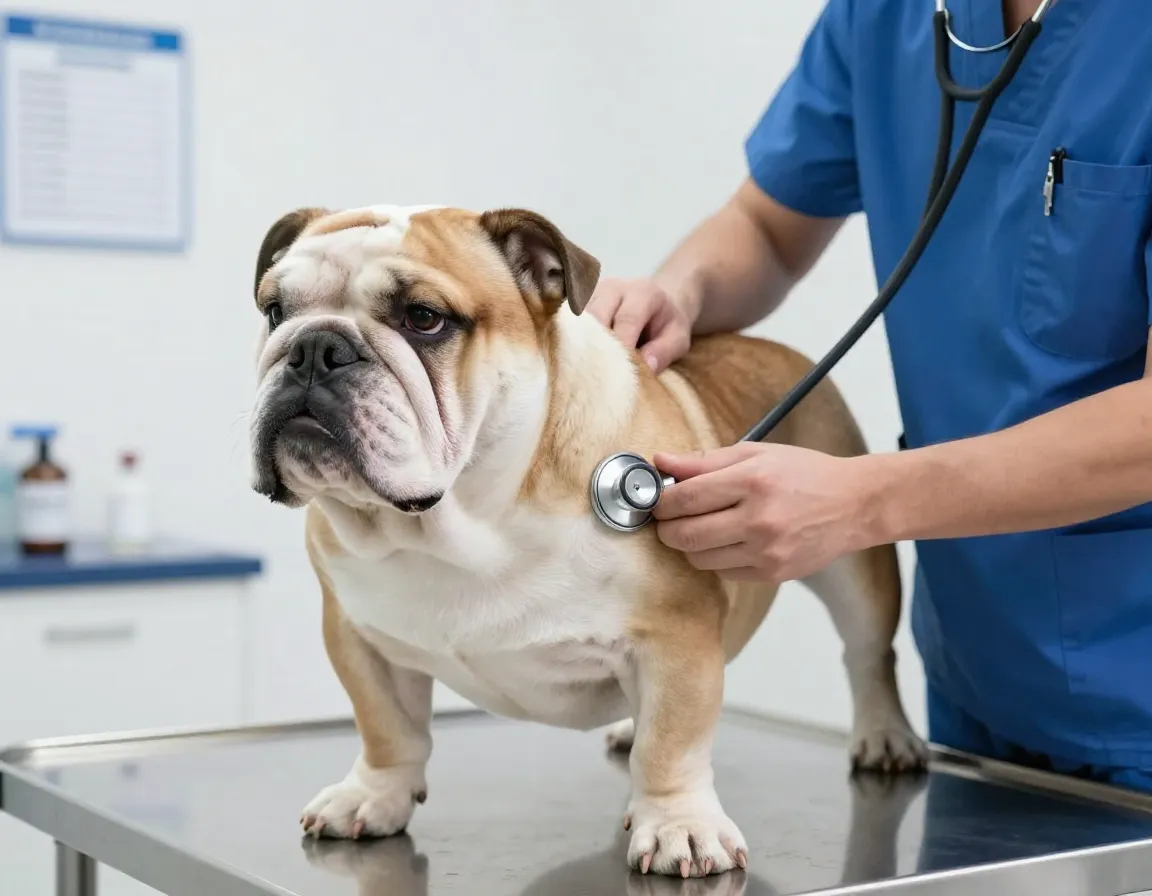 Veterinarian checkup bulldog stethoscope exam table