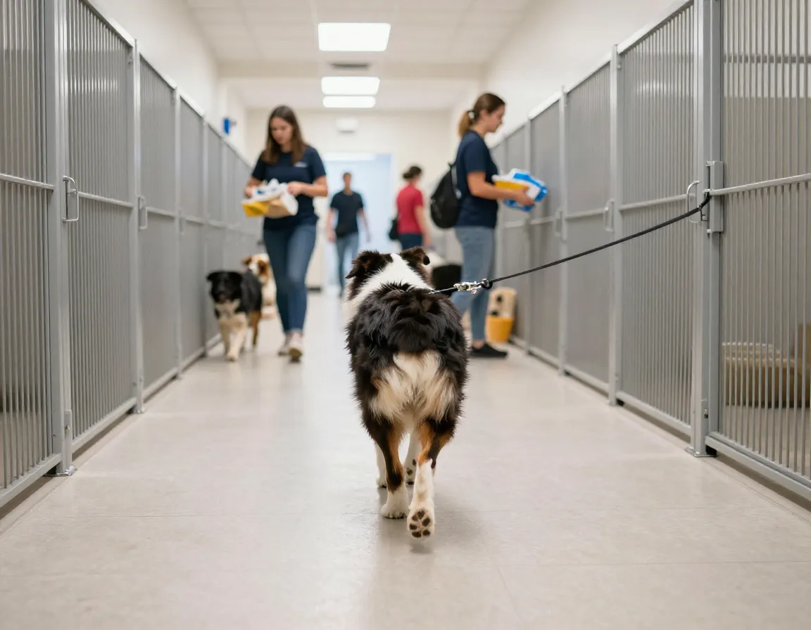 A dog calmly walking through a busy boarding facility hallway