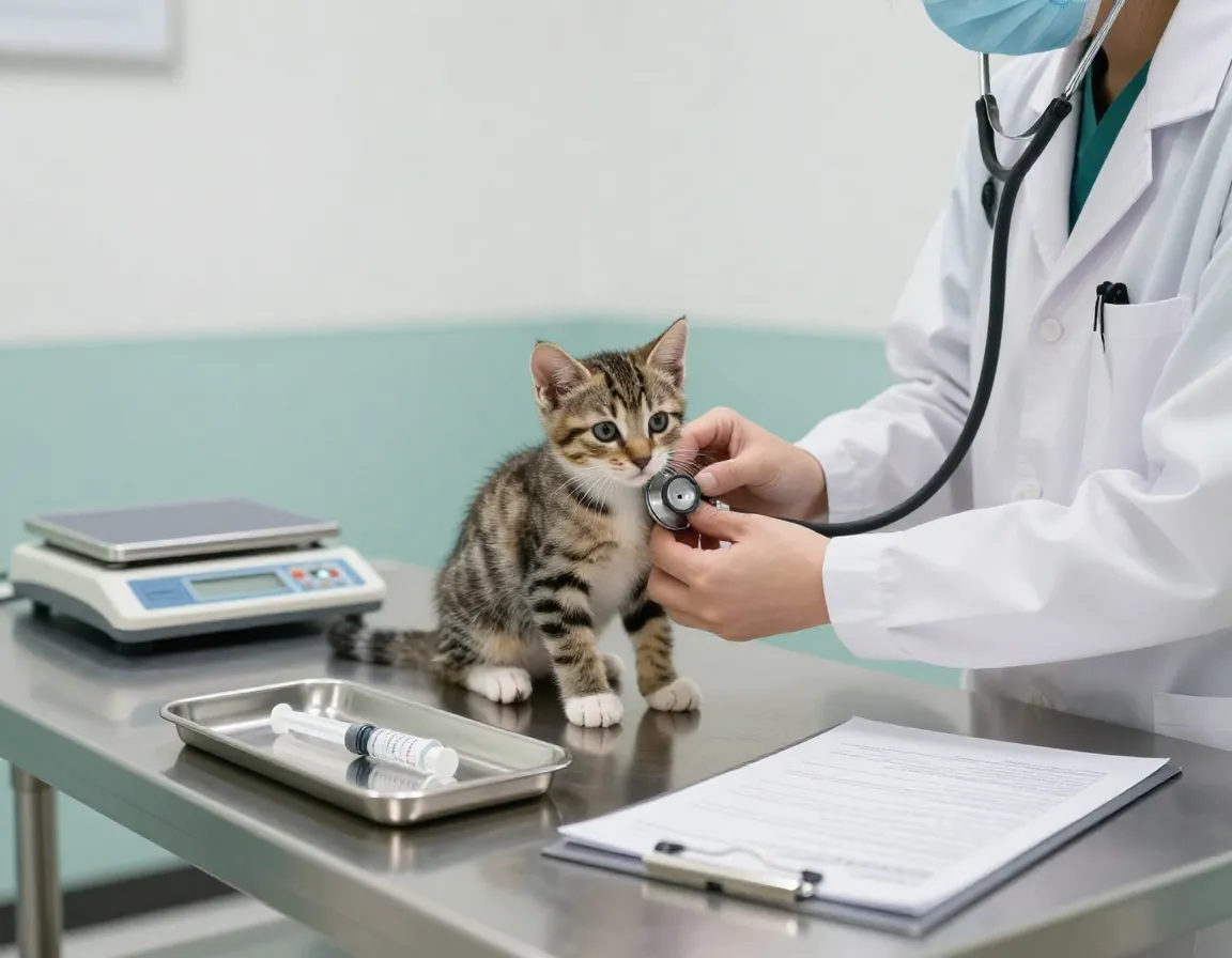 A veterinarian examining a healthy eight week old kitten on a table