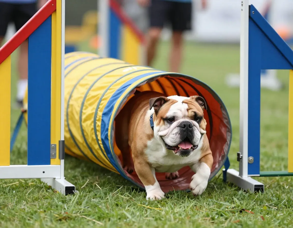 American bulldog completing agility tunnel training course