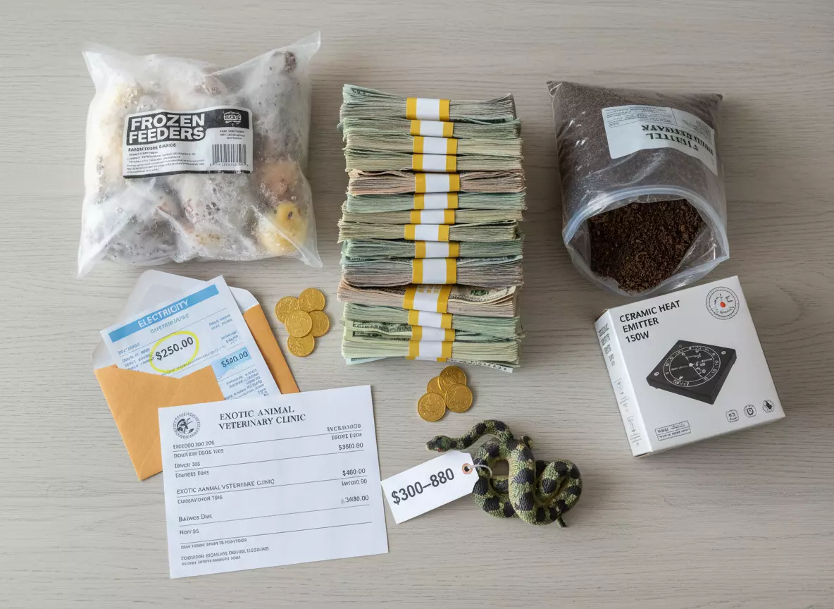 Flat lay of expenses for owning albino burmese python snake costs