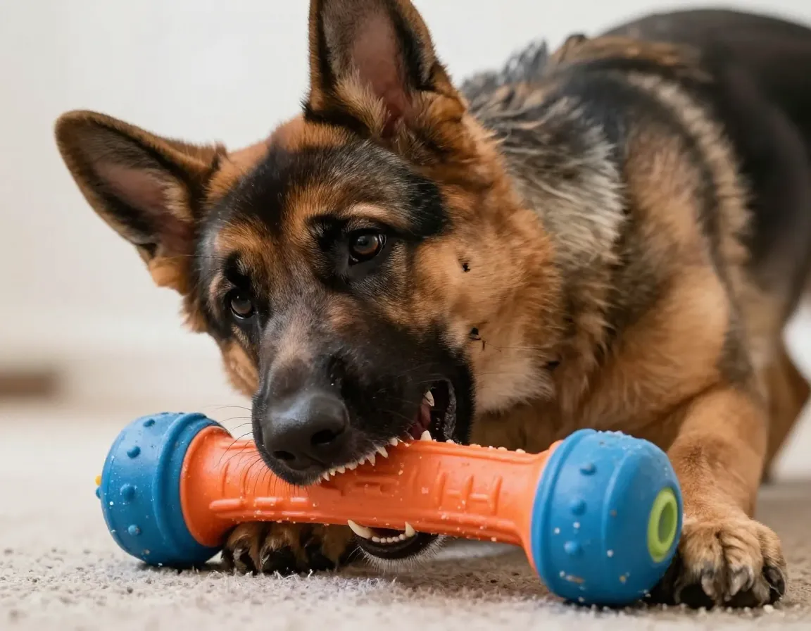 German shepherd puppy chewing a large rubber chew toy