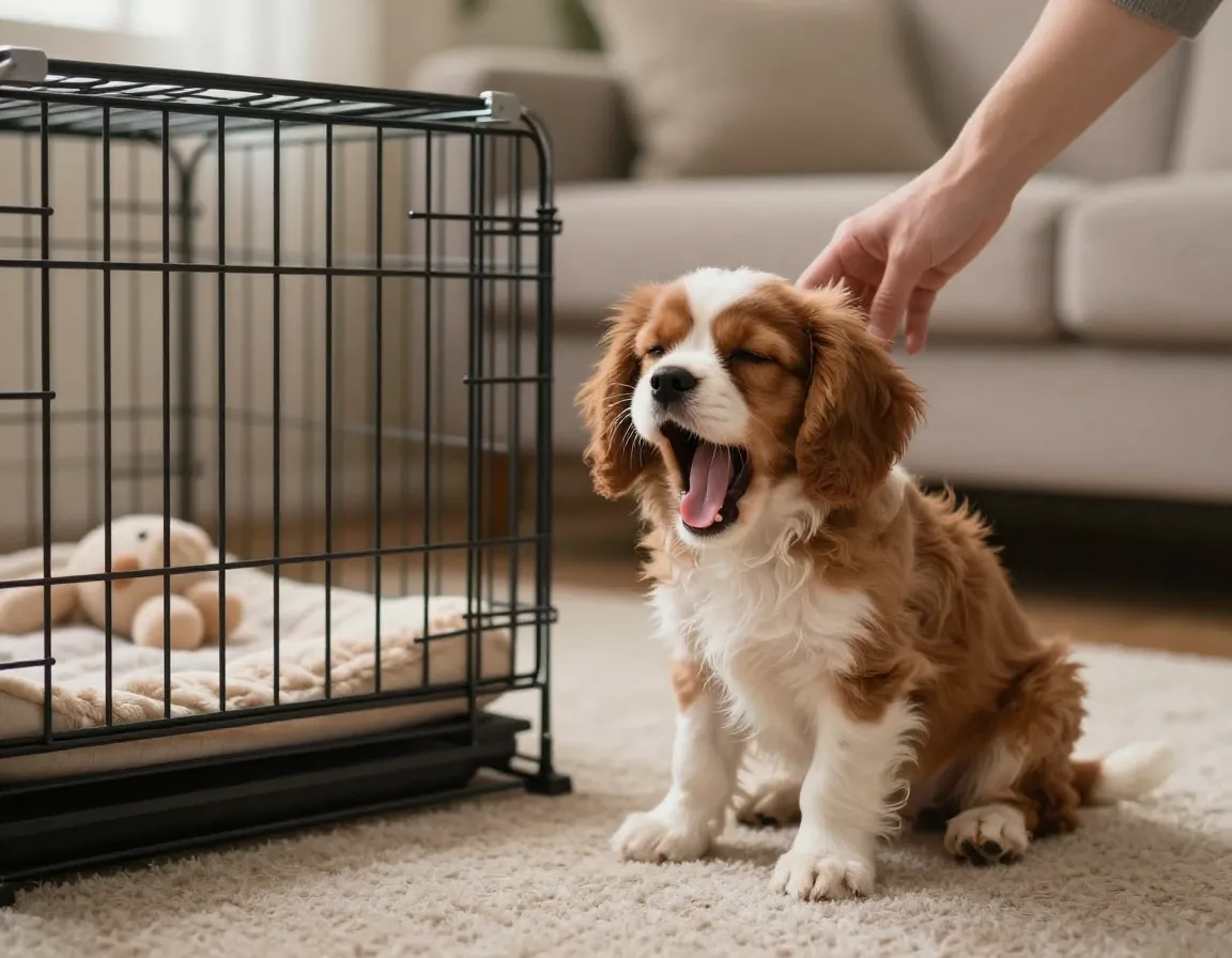 Tired puppy yawning before being gently guided to crate for nap