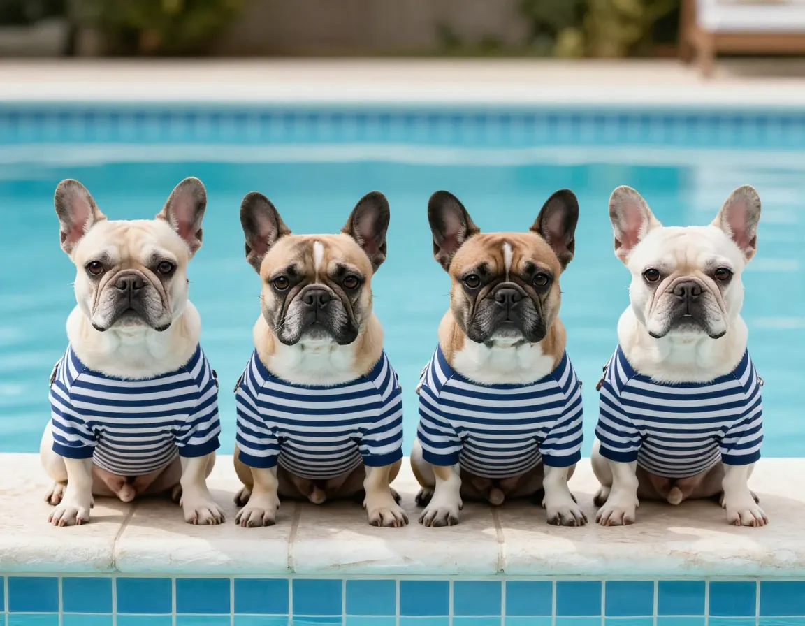 Two french bulldogs in matching striped swimsuits at pool edge