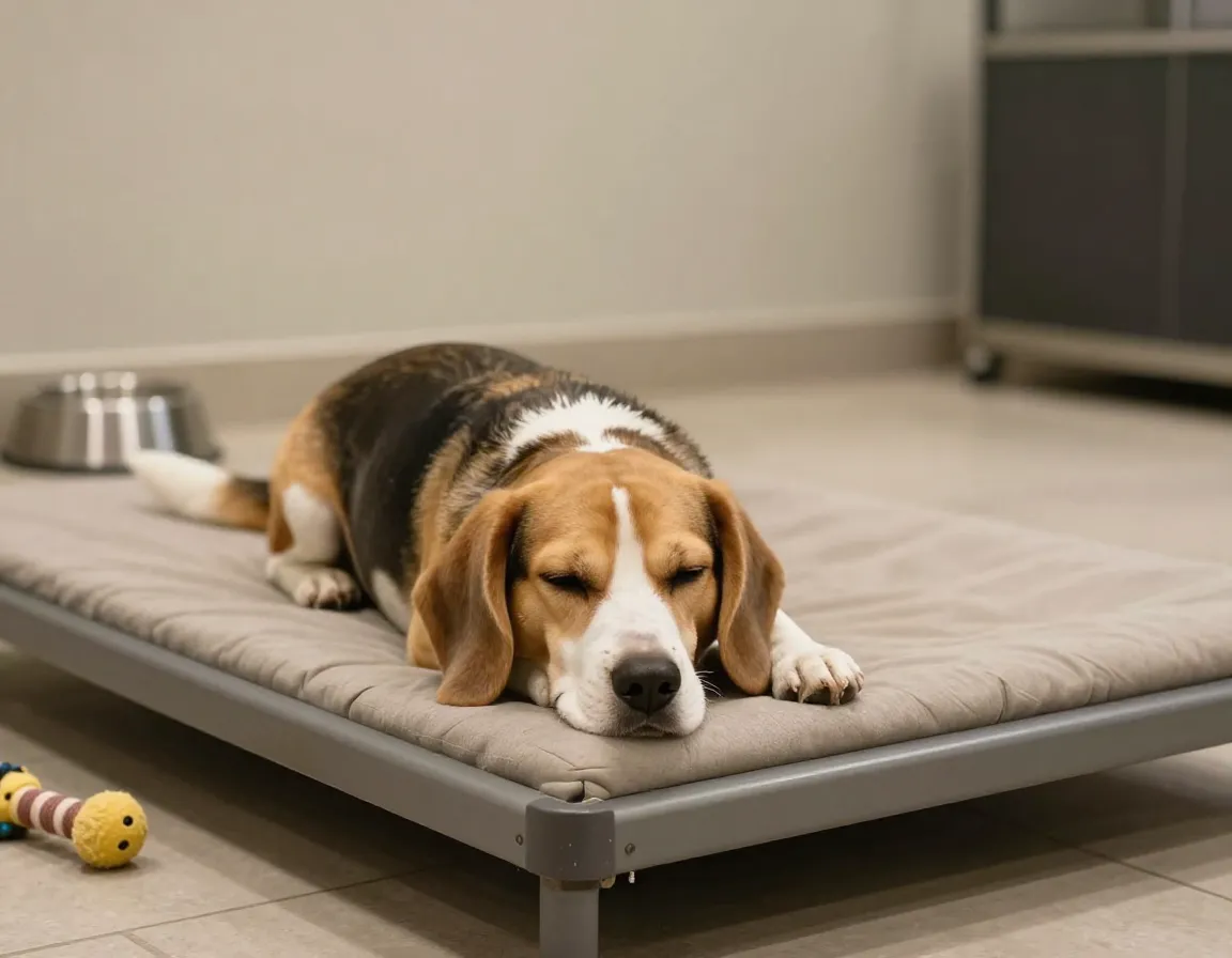 A dog resting calmly on a cot during a quiet time session