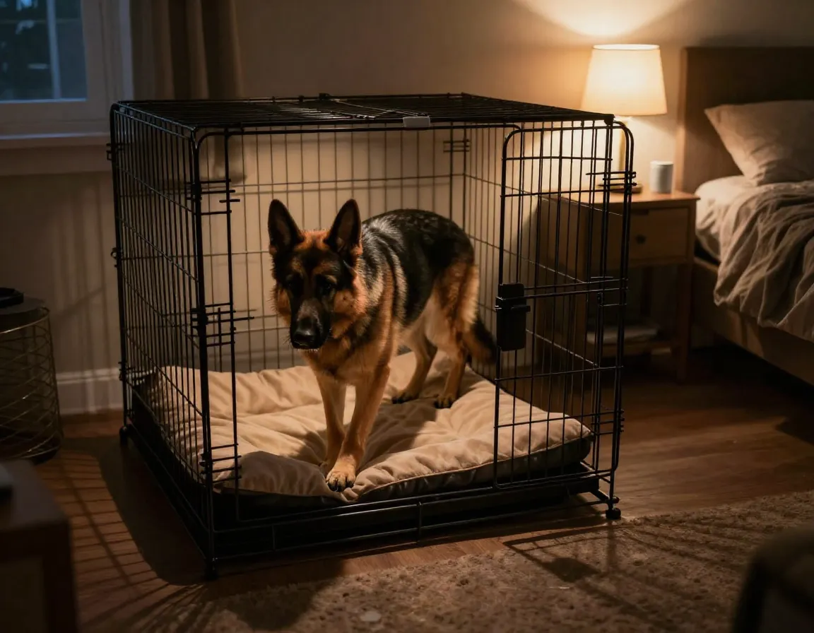 Adult dog voluntarily entering crate for nighttime sleep routine