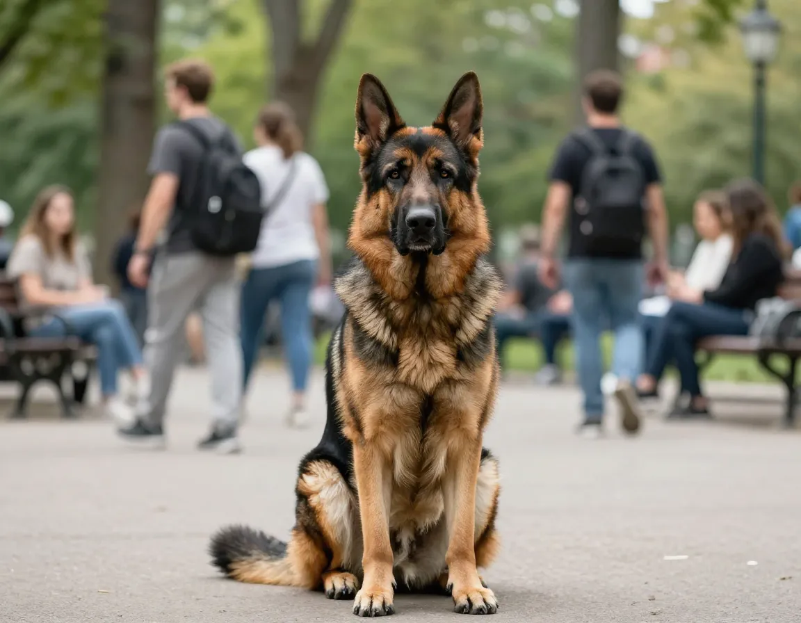 Confident adult german shepherd sitting calmly in bustling park