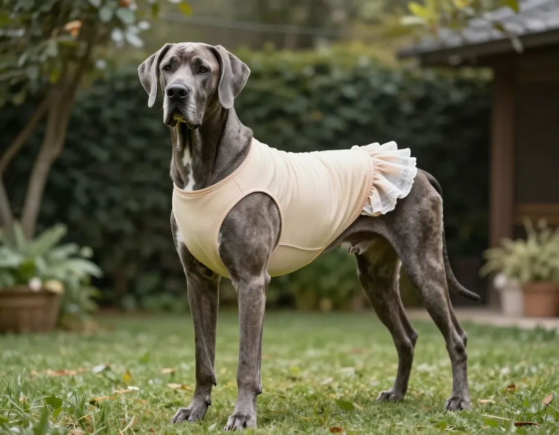 Great dane wearing conservative one piece swimsuit with skirt