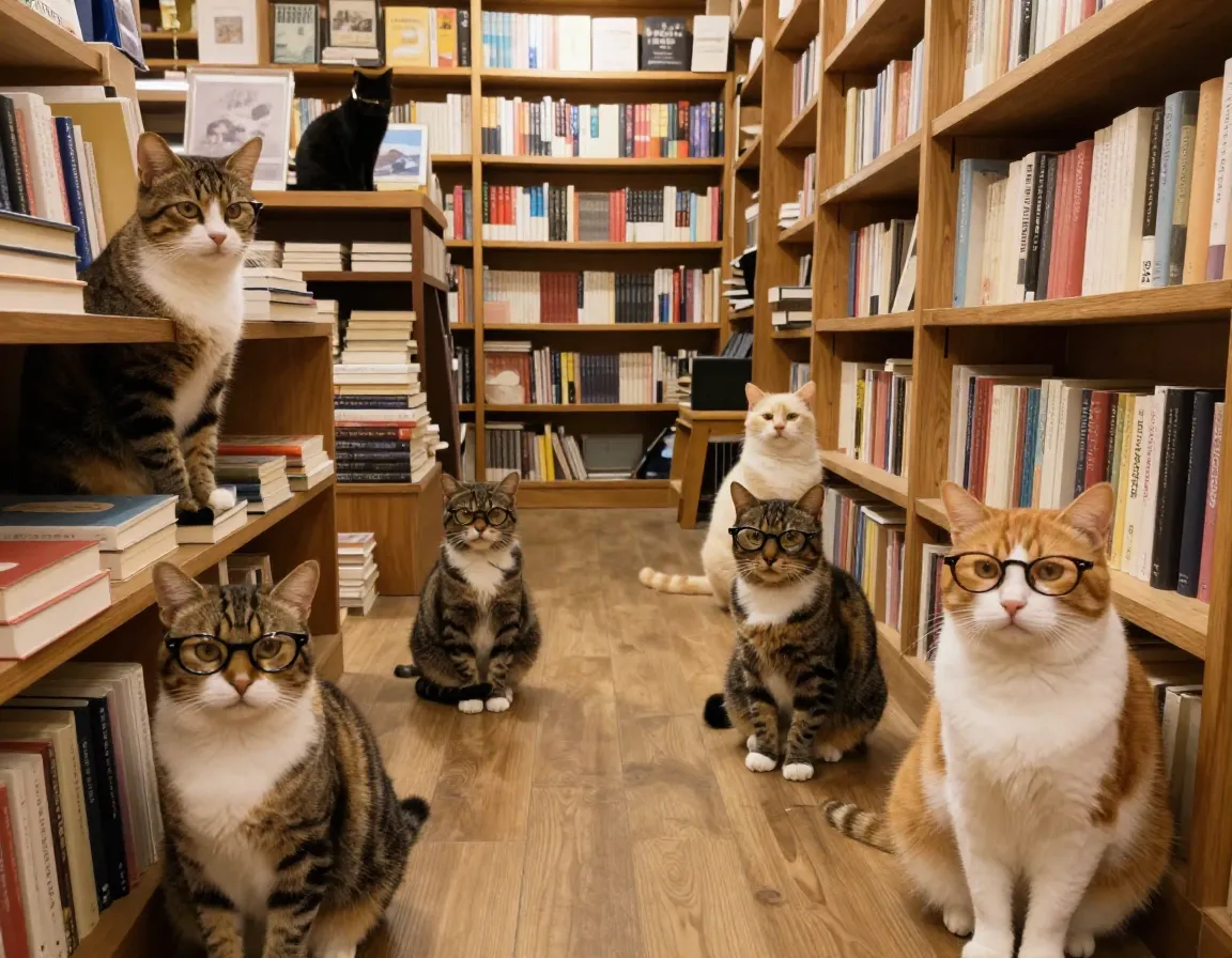 Multiple cats wearing various glasses in cozy bookstore setting