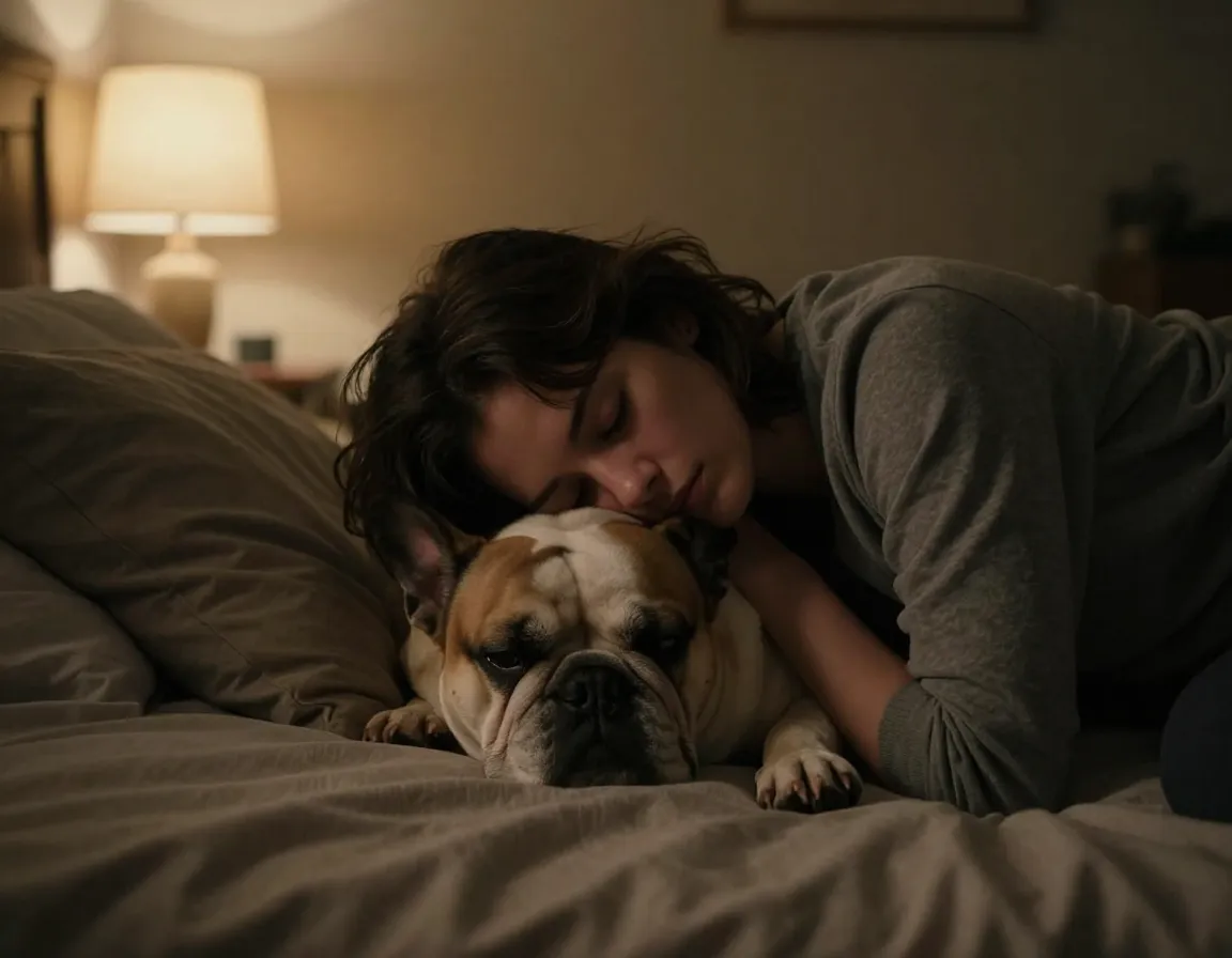 Person resting head on french bulldog dark comforting bedroom