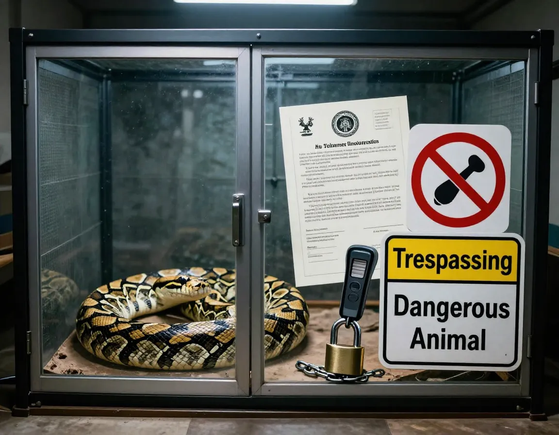 Secure snake enclosure with legal permits and warning signs