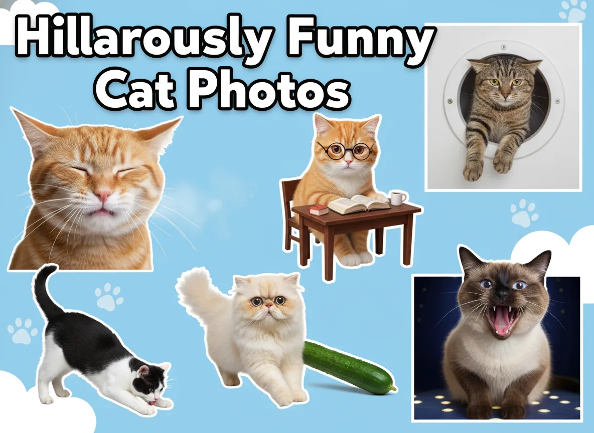 Collage of six hilarious cats in various comic poses