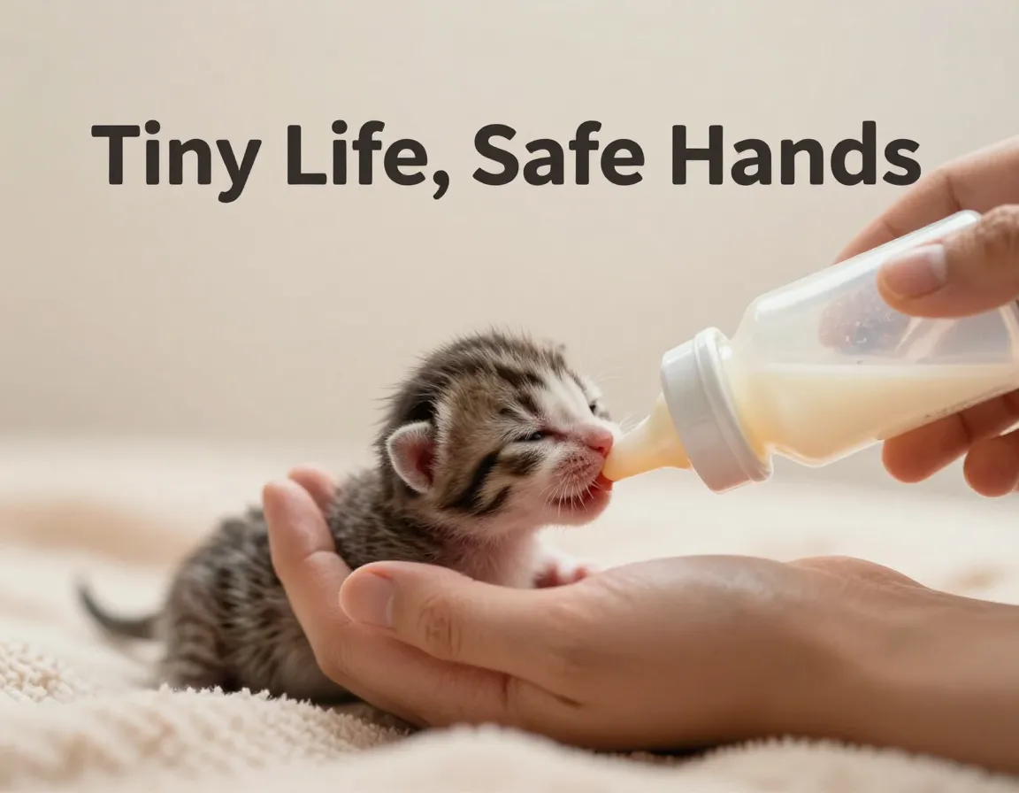 Human hand holding newborn kitten with feeding bottle macro