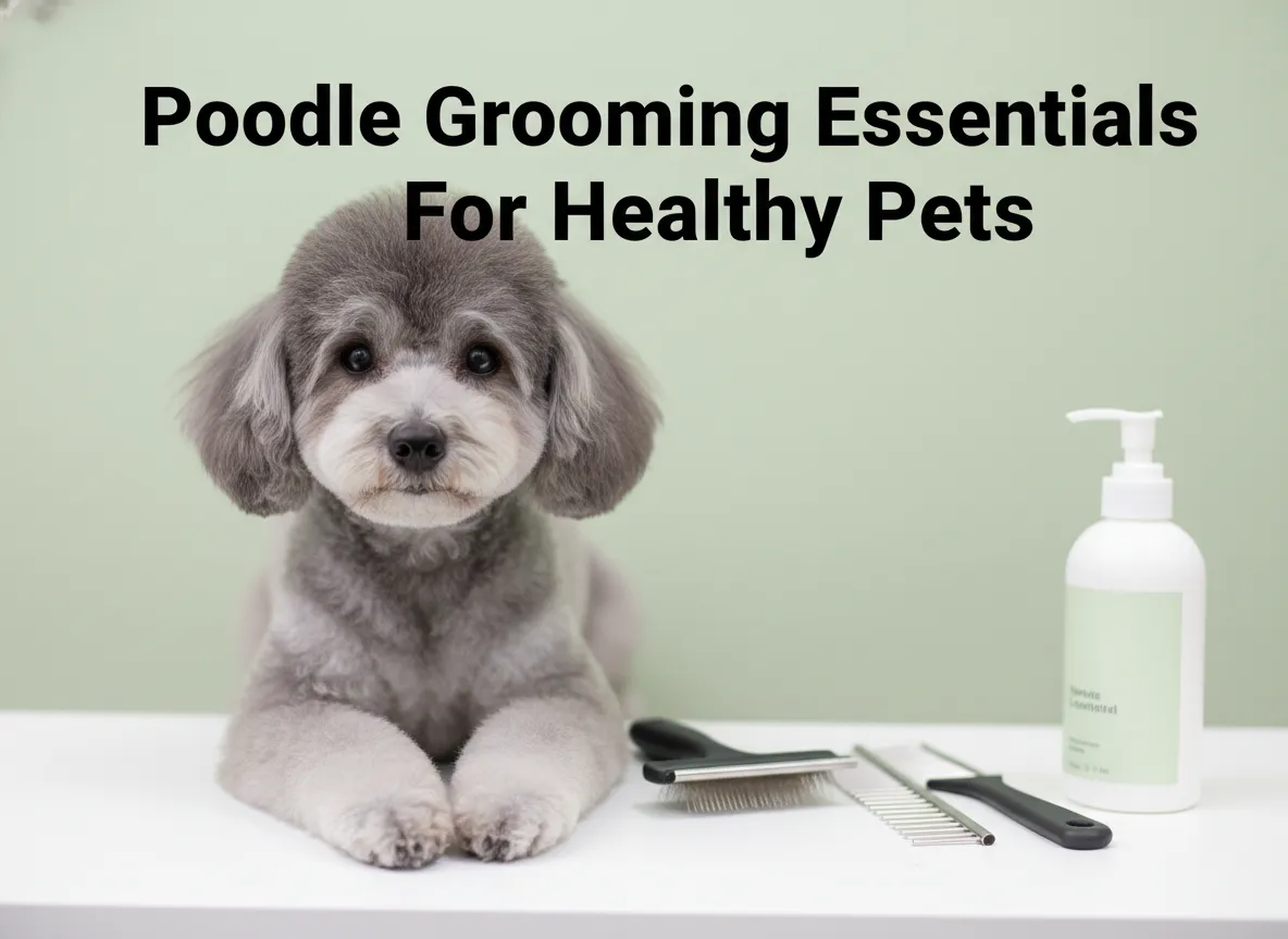 Well groomed silver toy poodle on grooming table with brushes shampoo