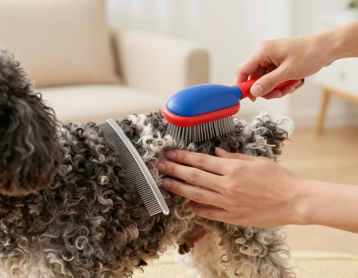 A person gently brushing a toy poodle with a slicker brush and metal comb
