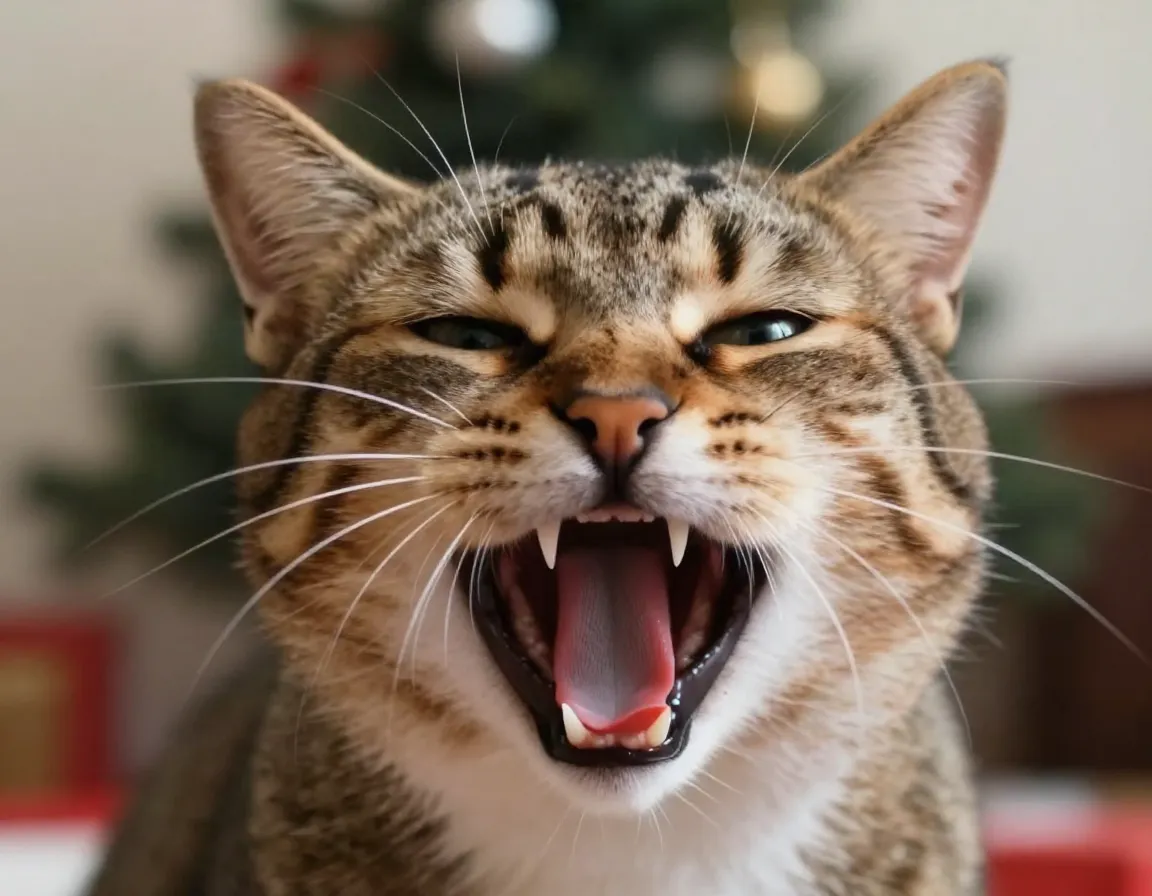 A tabby cat sneezing with eyes closed and whiskers splayed in a holiday setting