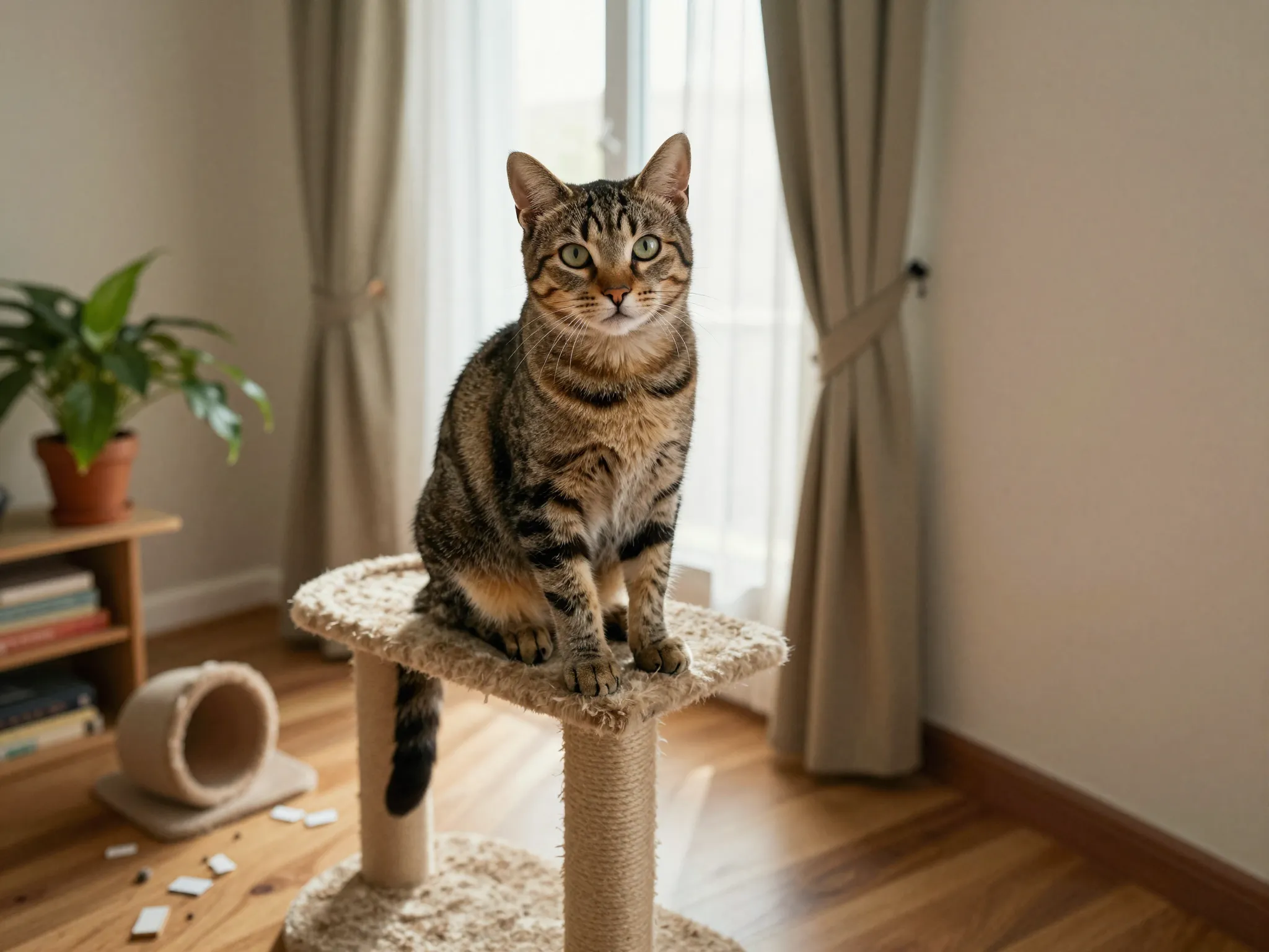 Chairman meow sitting regally on high perch surveying room
