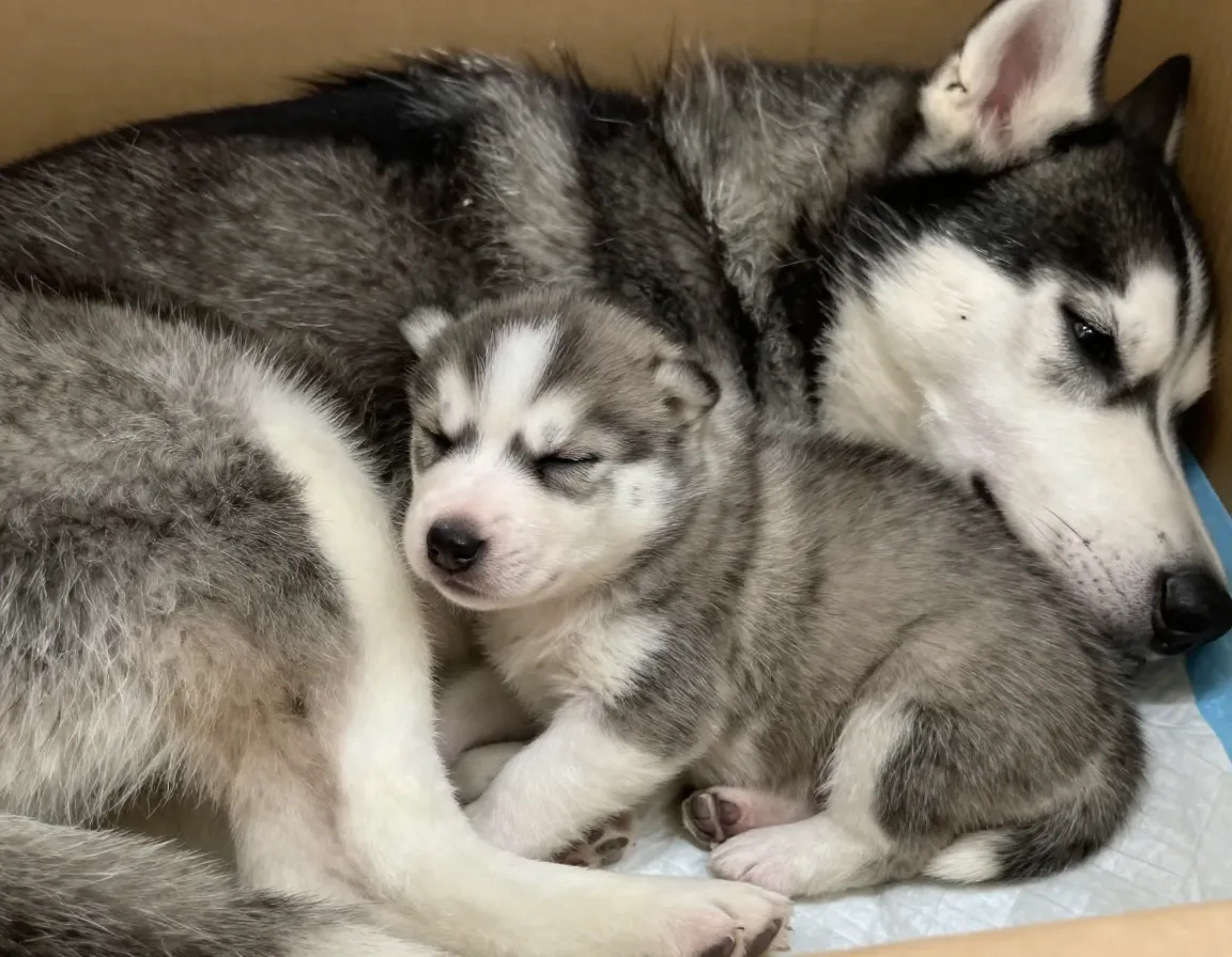 Neonatal husky puppy with closed eyes nestled for warmth against mother