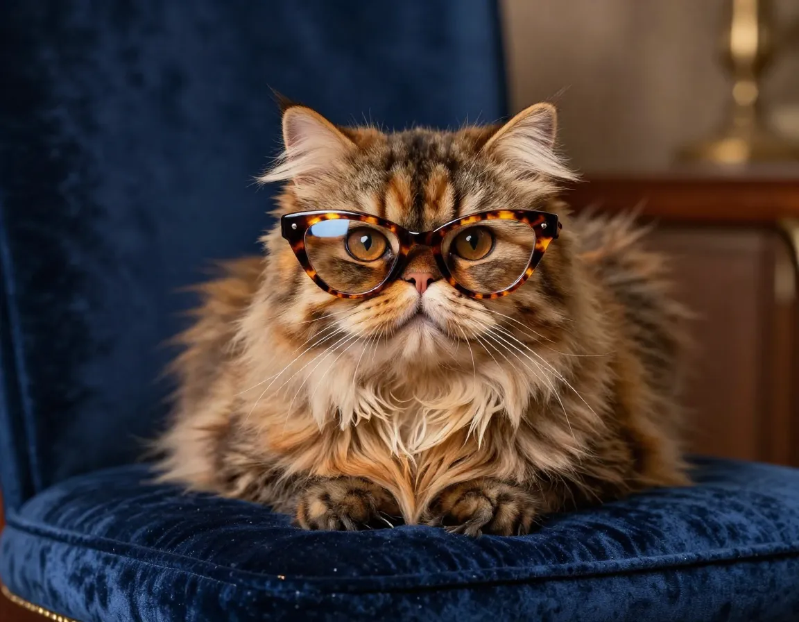 Persian cat wearing tortoiseshell cat eye glasses on velvet cushion