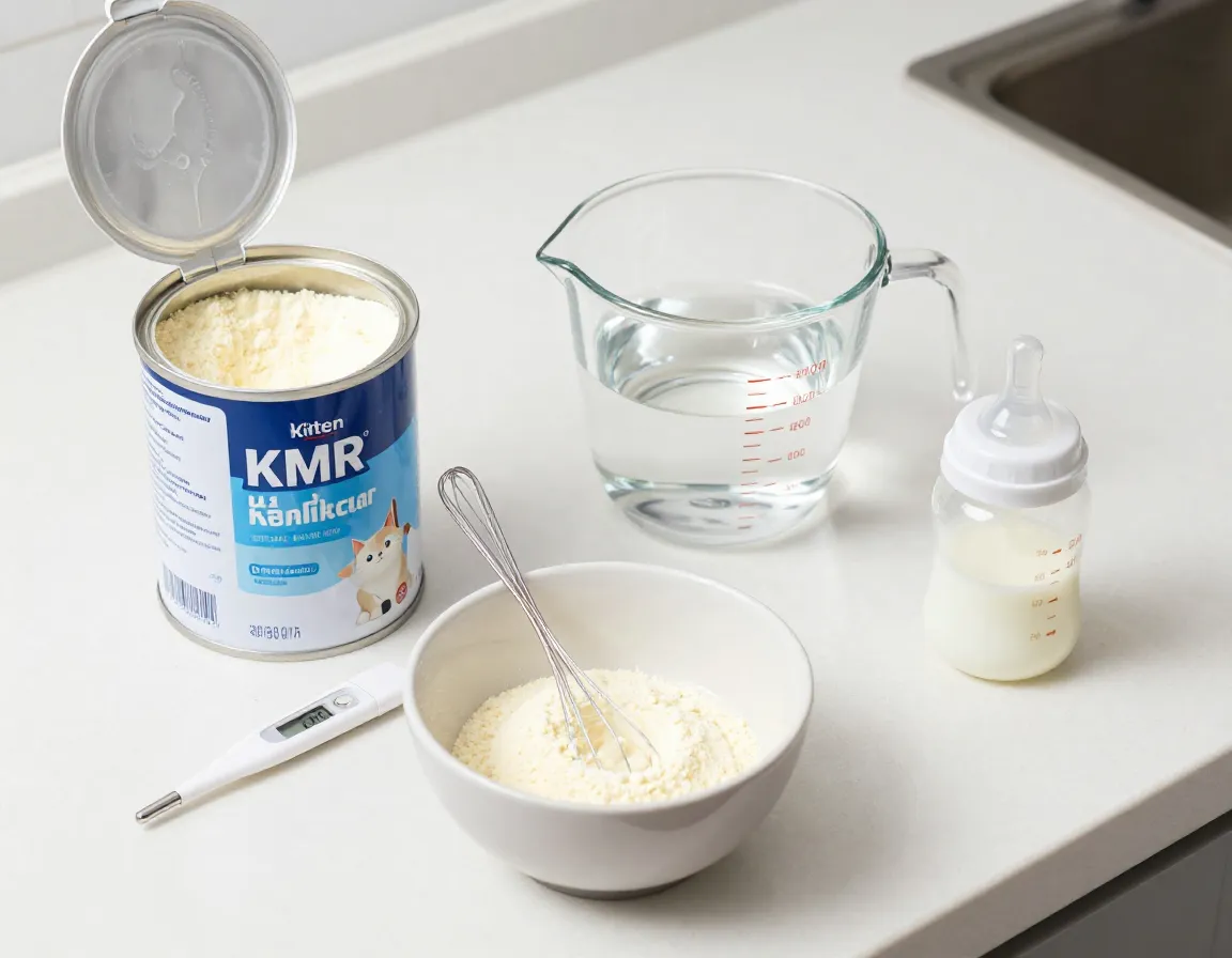 Properly prepared kitten formula on counter with measuring tools