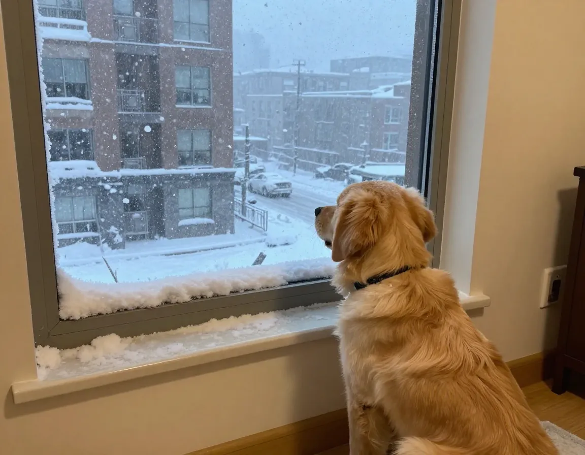 Puppy near apartment window watching heavy snowfall outdoors