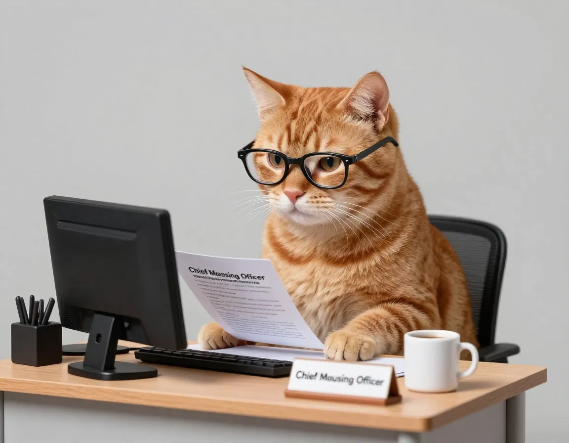 An orange tabby cat wearing glasses at a miniature office desk setup