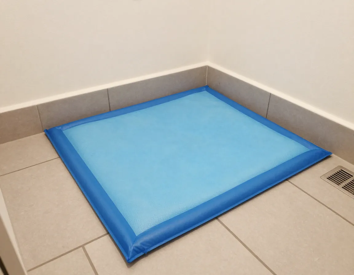 Puppy pad placed in bathroom corner with tile floor ventilation